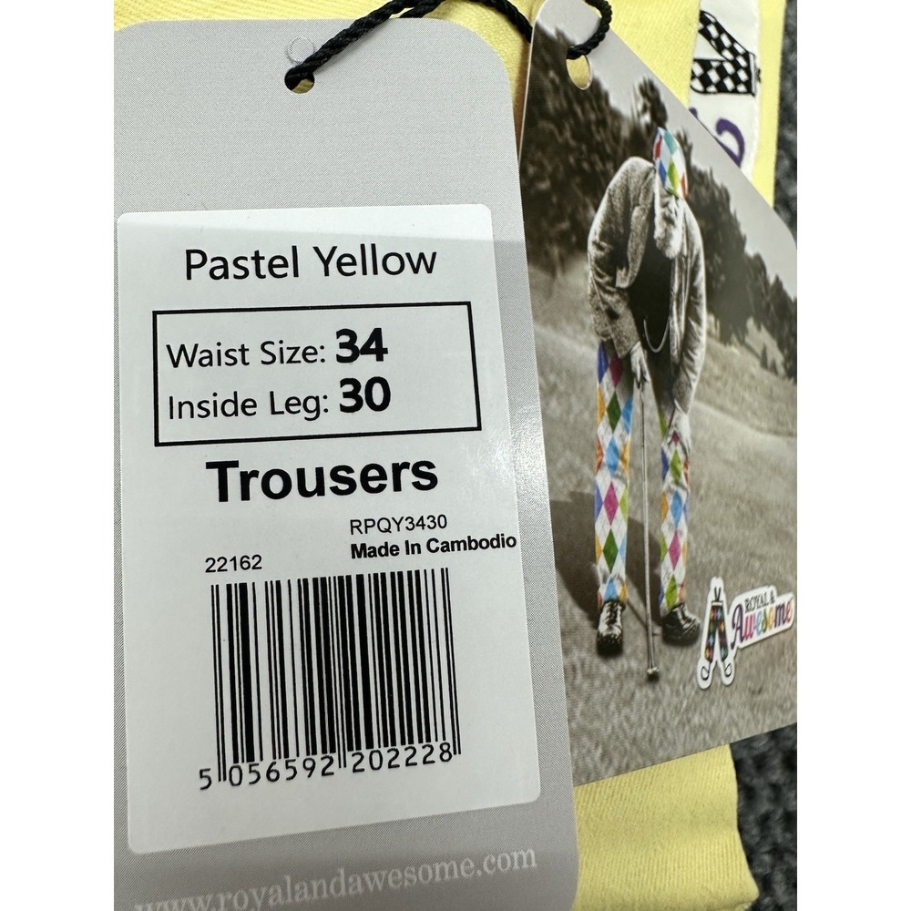 Royal and Awesome Men's 34x30 Golf Pants Trousers Pastel Yellow Stretch - New - Picture 12 of 12